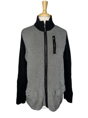 RALPH LAUREN LRL Herringbone Colorblock Zip Cardigan Sweater Size 1X Black White